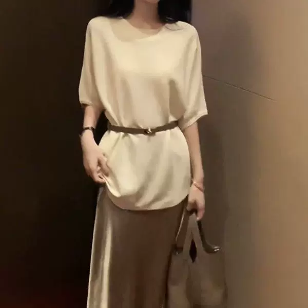 休闲通勤气质百搭套装女2026夏季新款宽松上衣纯色半身裙两件套裙