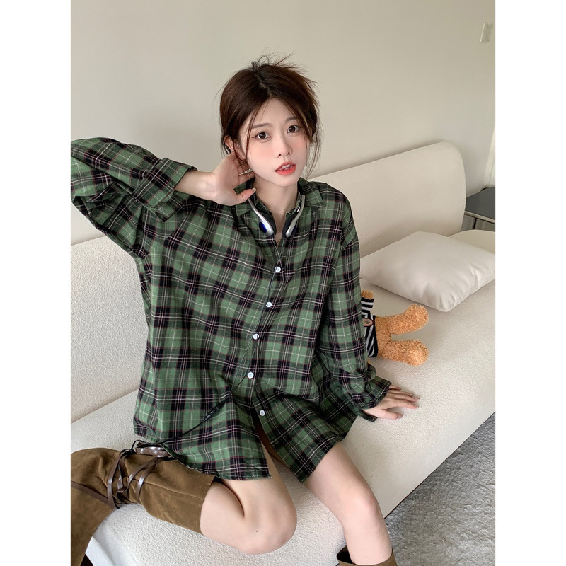 Fashionable Retro Green Plaid Long-Sleeve Sun-Protective Shirt 2026 Autumn Versatile Casual Lazy Style Shirt Jacket Trend Fashionable Retro Green Plaid Long-Sleeve Sun-Protective Shirt 2026 Autumn Versatile Casual Lazy Style Shirt Jacket Trend