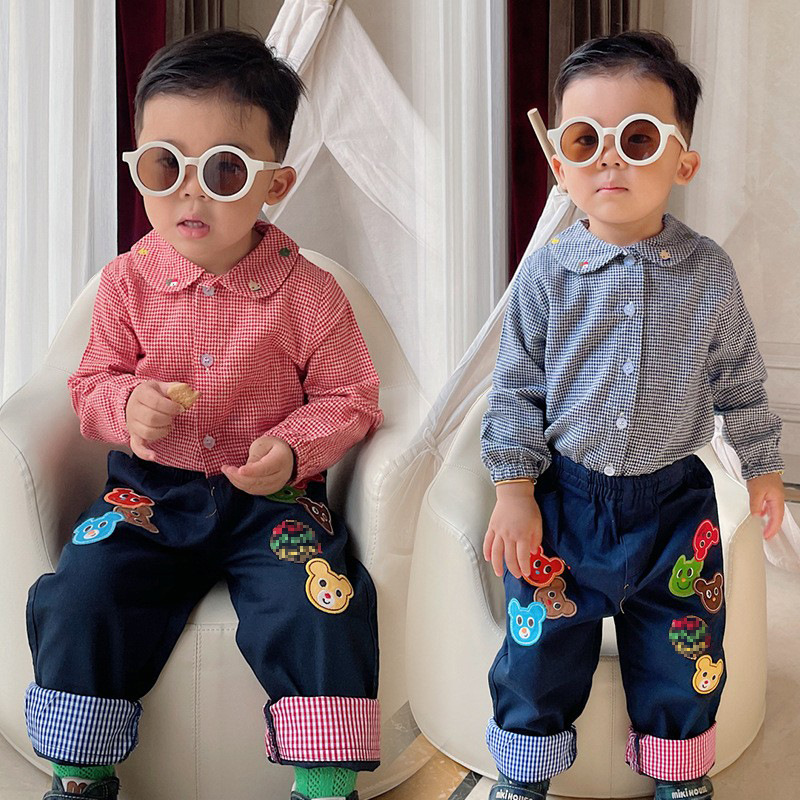 Japanese style houndstooth cartoon long-sleeved shirt for boys and girls, pure cotton embroidered retro style top
