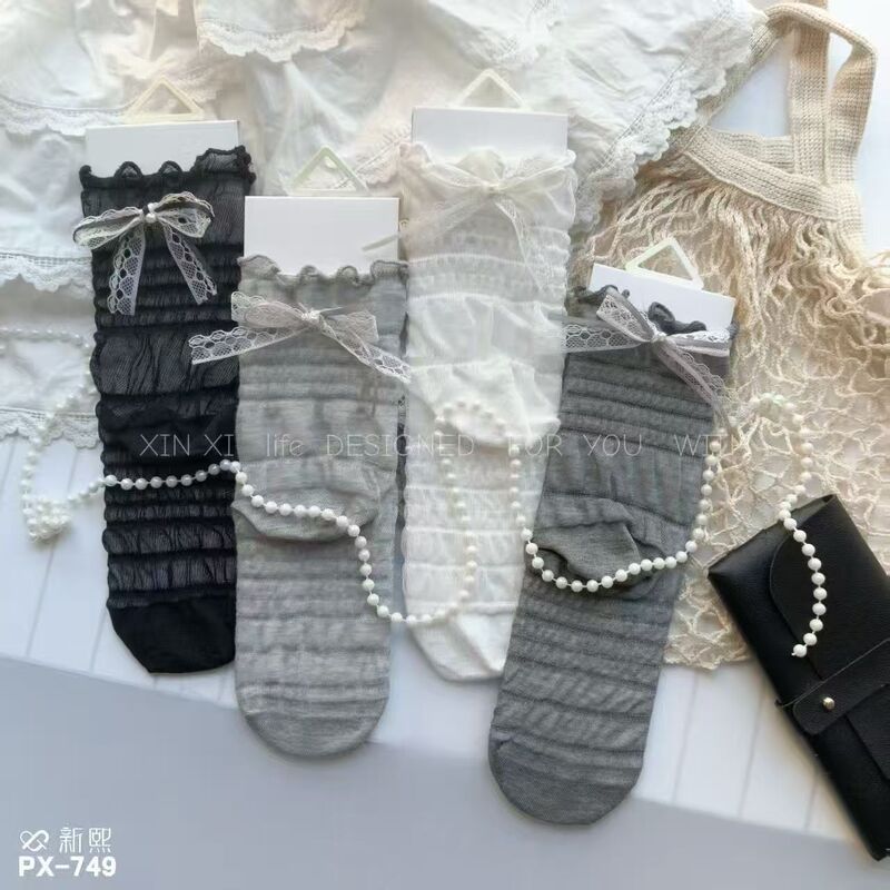 26 Spring/Summer New Korean Style Lace Bow Pleated Puff Cotton Socks Fairy Style Sweet and Stylish Mid-Calf Socks