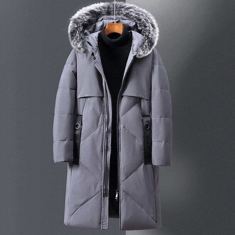 2023 New Down Jacket Men's Mid Length Genuine Fur Collar White Duck Down Knee Length Insulation Jacket_voghion.com