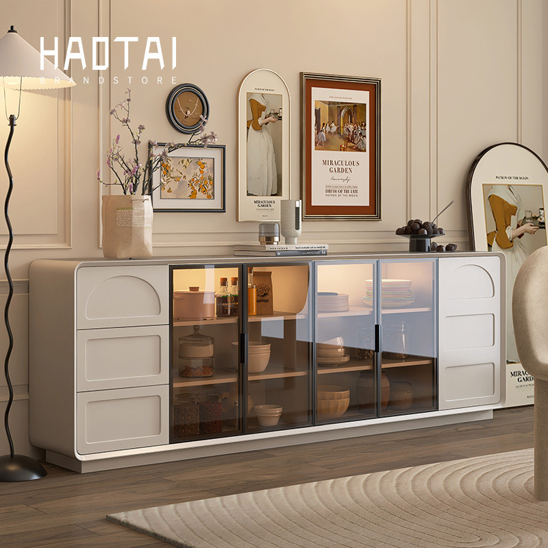 Painted Sideboard All Solid Wood French Wall-Mounted Integrated Storage Cabinet Cream Style 30cm Narrow Edge Living Room Storage Low Cabinet