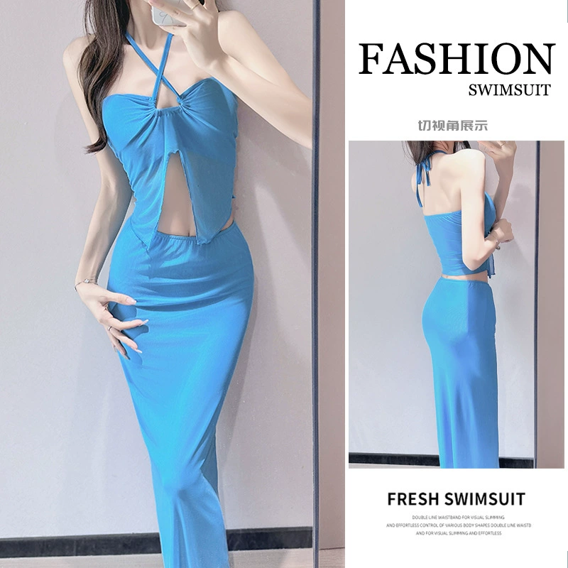 2025 новый купальник женский сексуальный раздельный синий белый пляжный отдых длинная юбка топ-труба халтер сексуальный горячий источник