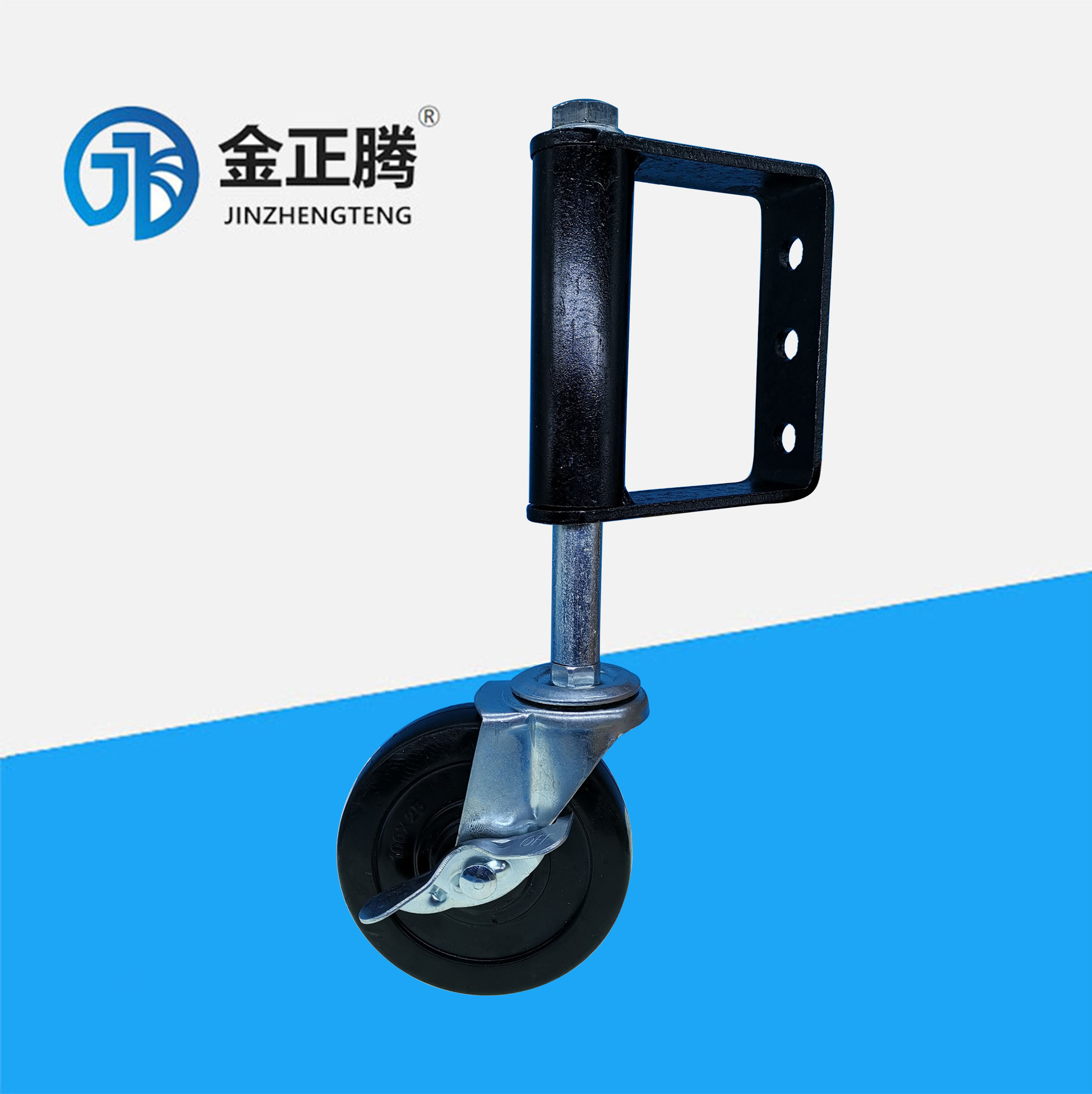 源头4寸带管刹车橡胶弹簧轮三孔门用配件轮家用厂房大门用脚轮