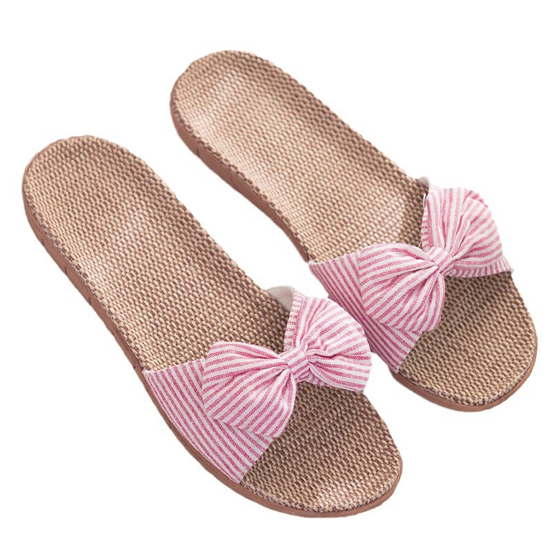 夏の室内の日本式のカップルのスリッパの蝶結びの亜麻のスリッパの滑り止めの縞の亜麻のスリッパの女性
