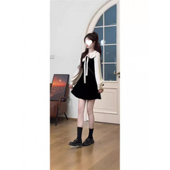 法式气质千金感蝴蝶结连衣裙女装秋季新款时尚绝美休闲黑色短裙子