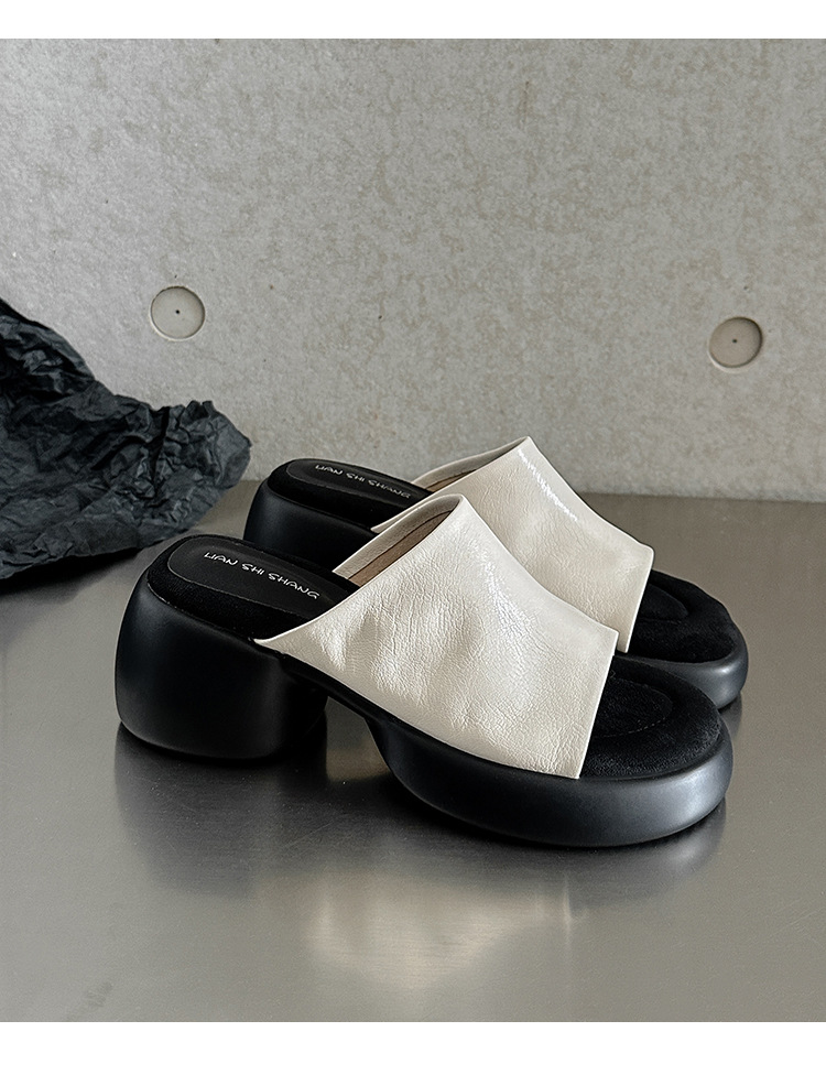 Dép lê nữ da cừu đế dày 7 cm, sandal hở mũi tăng chiều cao — đen chi tiết 18