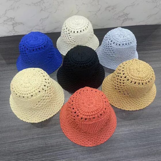 South Korea Hollow-out Woven Bucket Hat Fisherman Hat Women's Summer Breathable Knitted Diamond Crochet Sunscreen Basin Hat