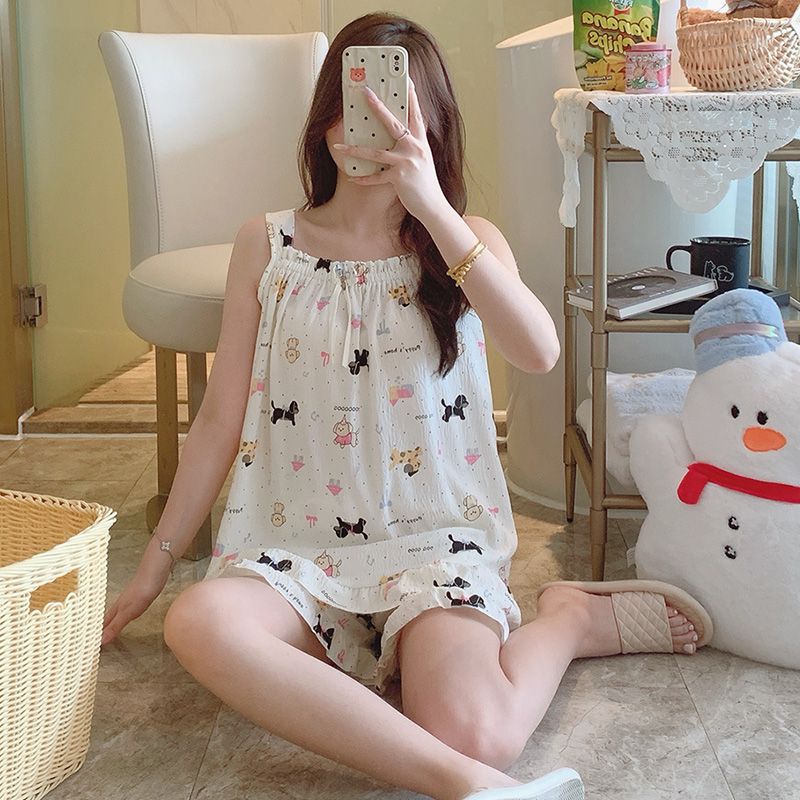 Venta al por mayor transfronteriza verano nuevo estilo tirantes pantalones cortos pijamas mujer nube algodón creativo lindo estampado ropa para el hogar se puede usar afuera