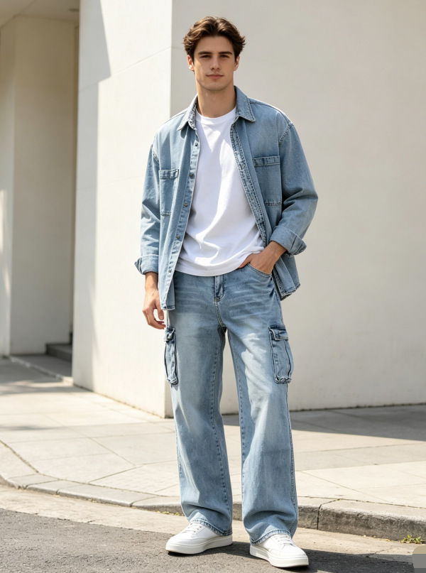 Jeans Cargo Rectos para Hombre de Mezclilla de Algodón, Múltiples Bolsillos, para Uso Casual