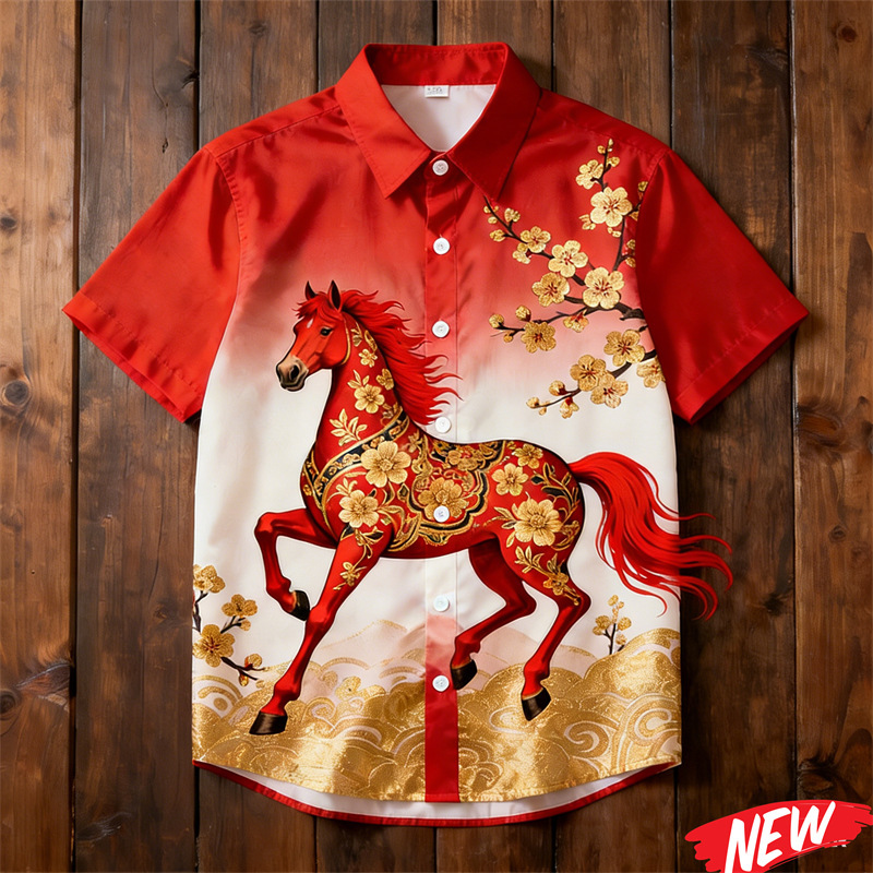 2026 Southeast Asia Cross-Border New Year Short Sleeve Shirt Casual Festival Shirt Year of the Horse Pattern Lapel Men's Shirt 2026 Southeast Asia Cross-Border New Year Short Sleeve Shirt Casual Festival Shirt Year of the Horse Pattern Lapel Men's Shirt