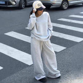跨境外贸2026秋冬休闲欧美运动风圆领宽松卫衣休闲长裤套装女
