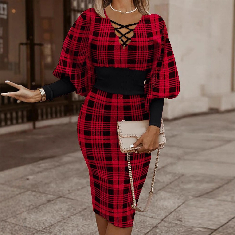 2022 estación independiente AliExpress Amazon popular Otoño e Invierno manga larga cuello en V cintura apretada vaina cuello en V vestido ropa de mujer