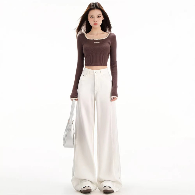 White Water-Resistant Wide-Leg Jeans for Women, Spring 2026 New High-Waisted Loose Fit Petite Drapey Floor-Length Straight Pants White Water-Resistant Wide-Leg Jeans for Women, Spring 2026 New High-Waisted Loose Fit Petite Drapey Floor-Length Straight Pants