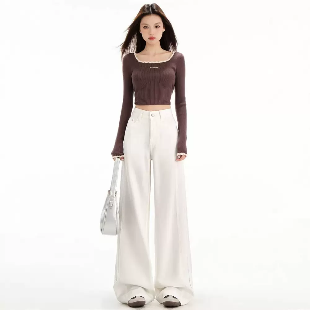 白色三防阔腿牛仔裤女春季2026新款高腰宽松小个子垂感拖地直筒裤