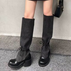 羊皮版6.5cm粗跟绑带显瘦大筒围黑色靴子女2025新款辣妹长筒骑士