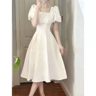 五笔蟹法式初恋大摆长裙子夏季新款方领高腰显瘦气质连衣裙女外贸