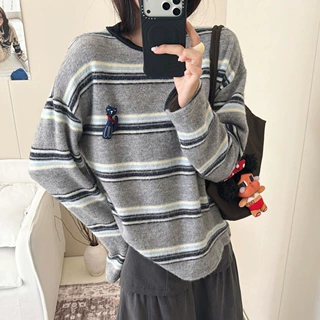 韩系加厚仿兔绒条纹圆领卫衣女秋冬新款垂感保暖长袖磨毛打底衫