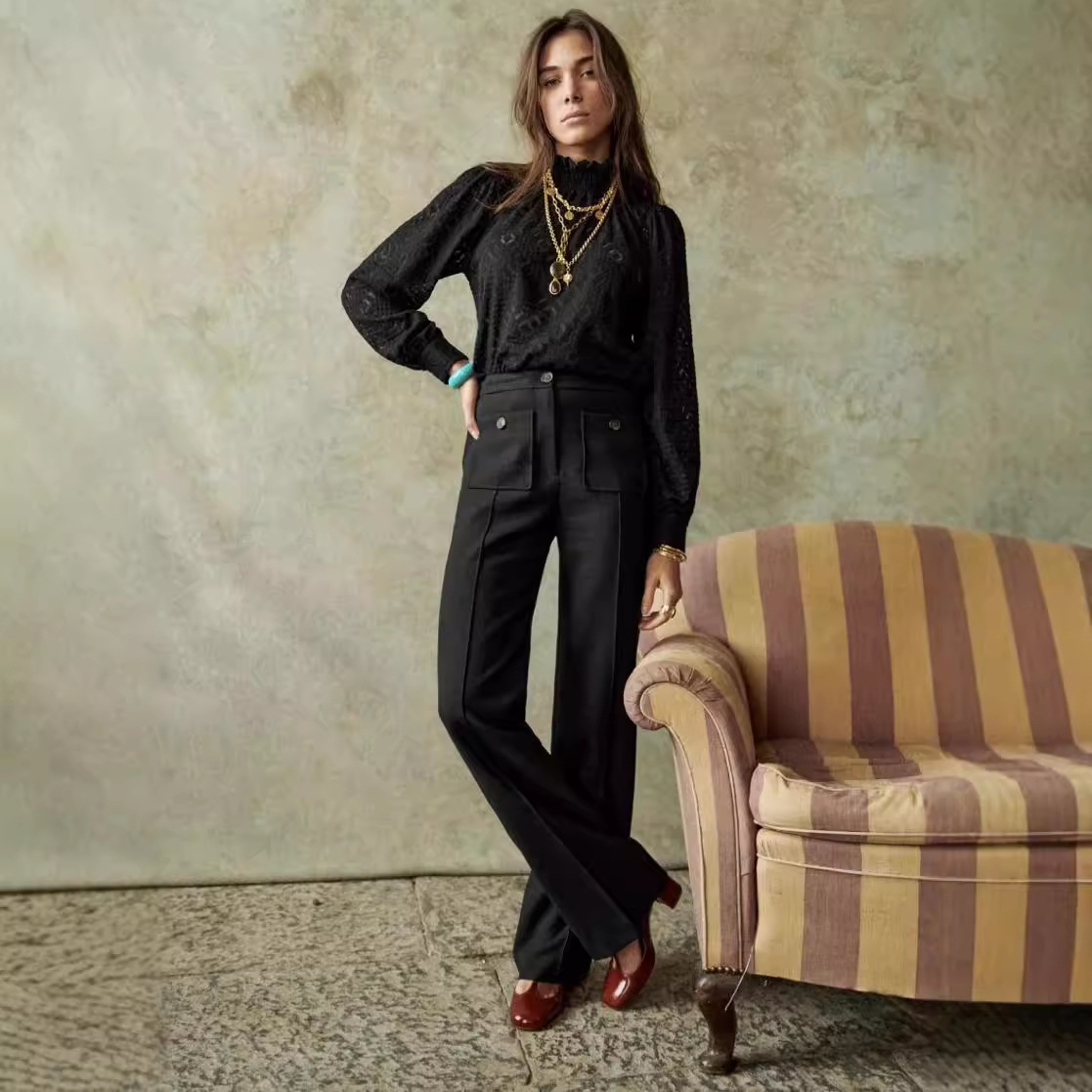 SE bolsillo de botón de cintura alta tridimensional de costura media pantalones delgados pantalones rectos de arroz blanco pantalones casuales para mujeres