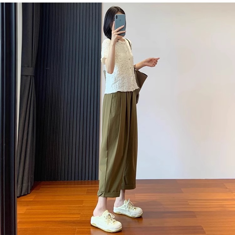 Quần dài ống đứng nữ vải lụa băng mỏng mùa hè, dáng suông thoáng khí, cỡ lớn cho người mập — 9 phân mẫu mỏng màu đen chi tiết 7
