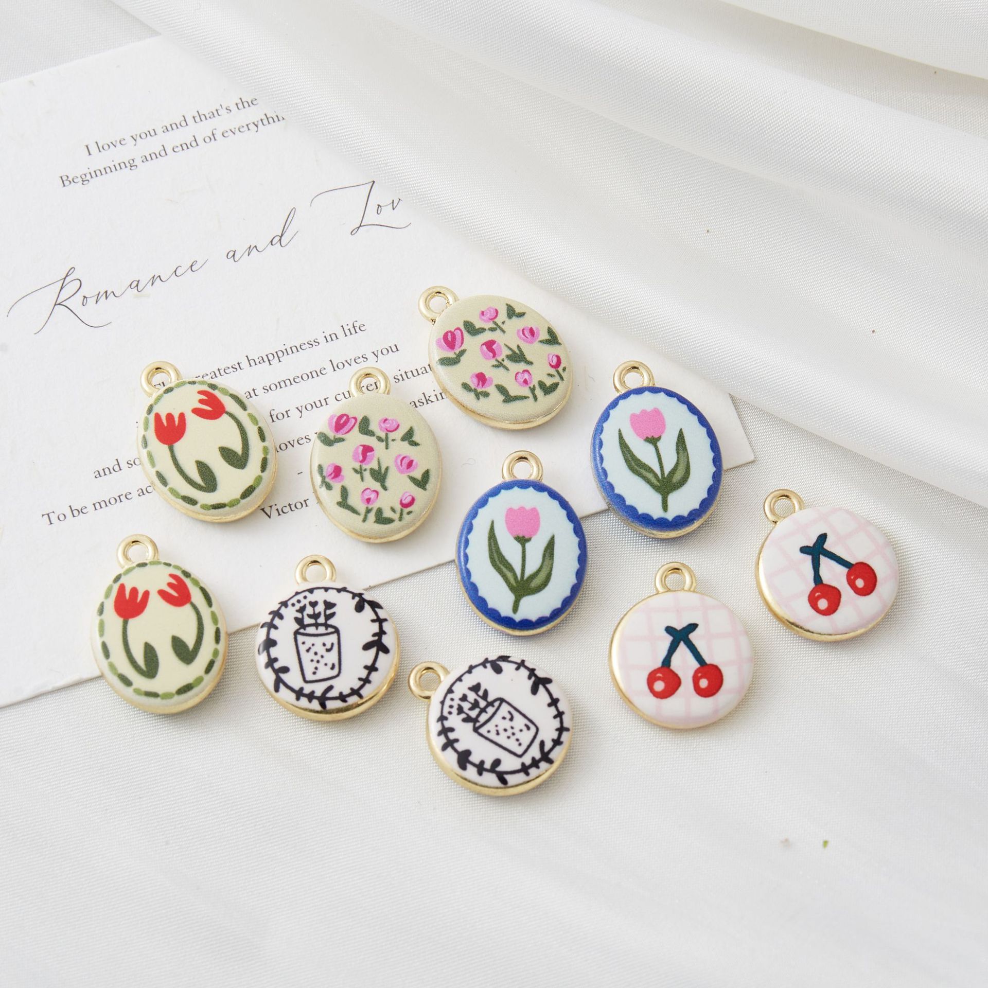 European and American Double-Sided Cross-Border Hand-Painted Flowers Roses Tulips Plaid Cherry Jewelry Accessories DIY Pendant Necklace
