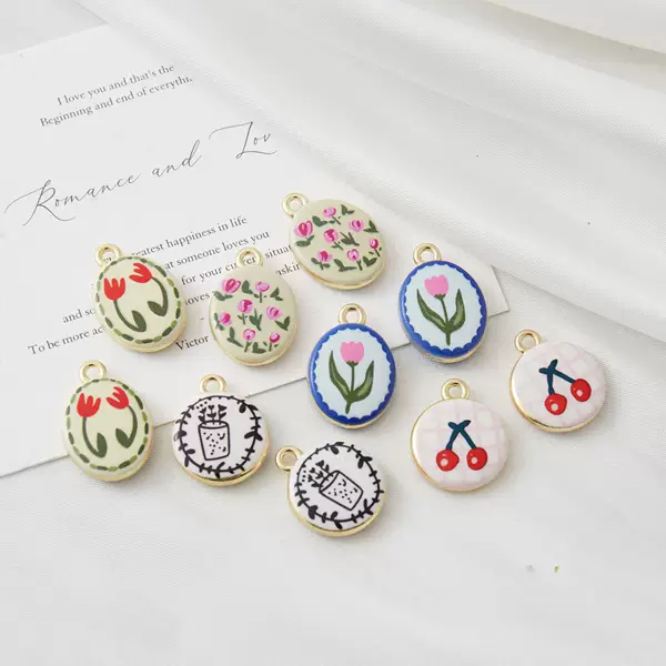 European and American Double-Sided Cross-Border Hand-Painted Flowers Roses Tulips Plaid Cherry Jewelry Accessories DIY Pendant Necklace