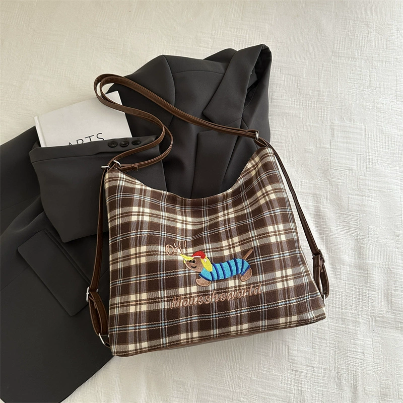 Capacious Convertible Shoulder Bag Backpack, Plaid Pattern with Embroidered Motif, Spacious