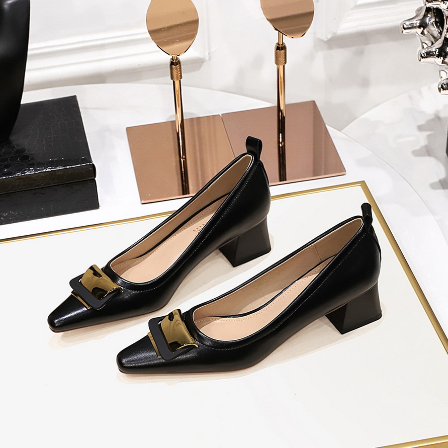 1235-K56 European and American Style Professional OL Women's Shoes Shallow Mouth Small Square Head Metal Buckle Thick Heeled Middle Heeled Commuter Shoes for Women