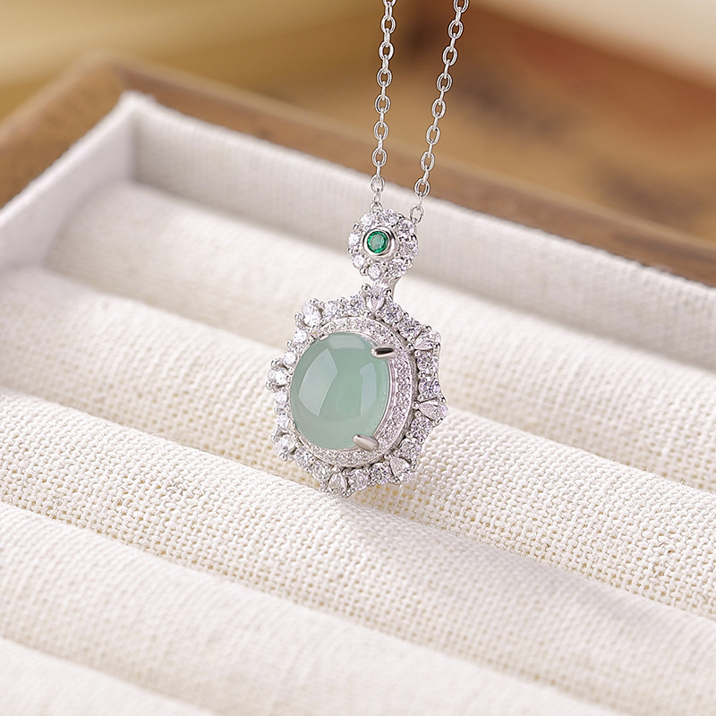 Mặt dây chuyền hình bầu dục ngọc bích xanh mạ bạch kim S925 — Mặt dây chuyền đơn (không có dây chuyền)