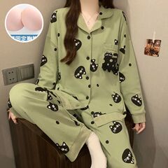 春秋季新款睡衣女带胸垫一体开衫长袖韩系卡通可爱学生家居服套装