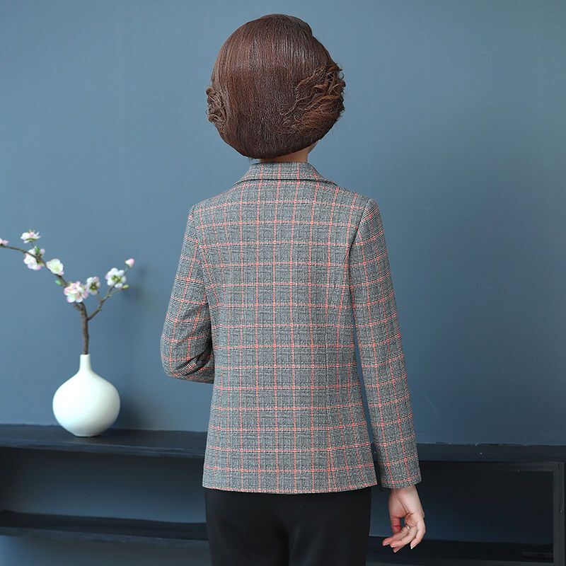 2025妈妈装短外套中老年女百搭上衣褂子春秋新款格子西装气质修身|undefined