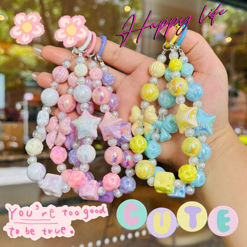 New Electroplated Lace Bow Bead String Mobile Phone Chain Car Keychain Lucky Star Bag Pendant Accessories Wholesale