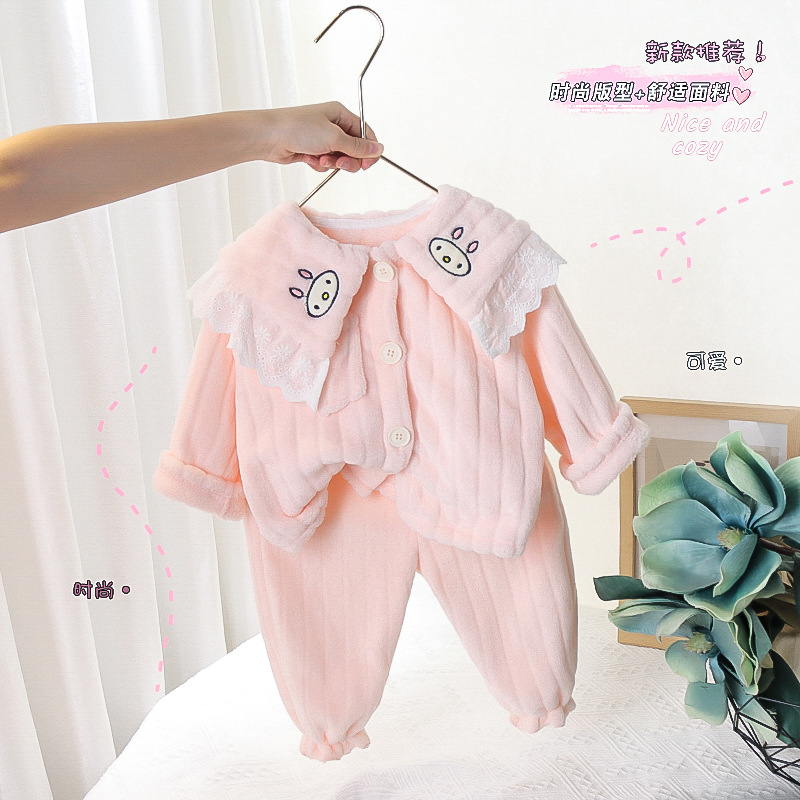 Kids Girls 21 New Fall/Winter Baby Girls Cute Big Lapel Loungewear Kids Foreign Flannel Pajamas