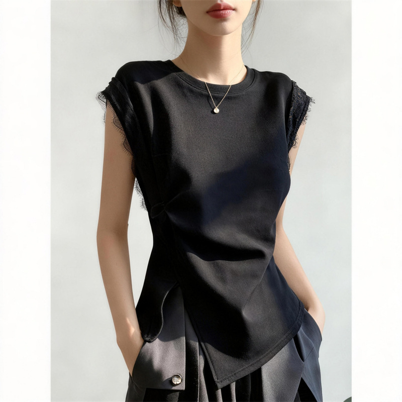 Áo thun nữ cổ tròn tay ngắn ren nối eo chẻ ngọn phong cách phương Tây — màu đen chi tiết 3