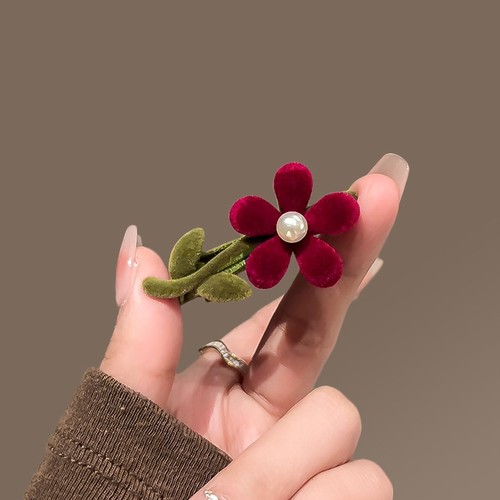 New Fall/Winter Red Flocked Flower Side Clip for Women: Delicate & Dainty Duckbill Hair Clips for Flyaways, Bangs, and Fringe