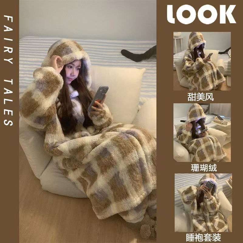 Sweet Plaid Coral Velvet Pajamas for Women in Autumn and Winter Warm and Thickeneded Mid-Length Pajamas Set Student Home Clothes Sweet Plaid Coral Velvet Pajamas for Women in Autumn and Winter Warm and Thickeneded Mid-Length Pajamas Set Student Home Clothes