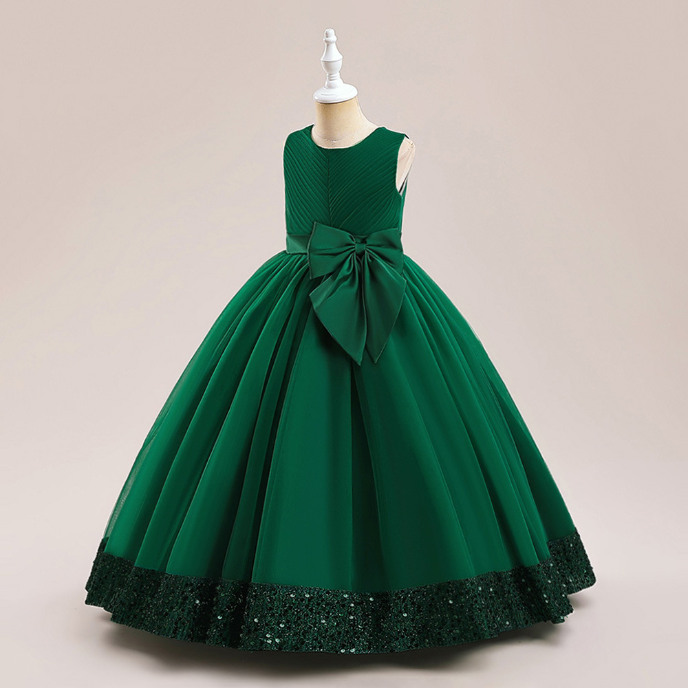 Europa y América nuevo vestido de lentejuelas niños arco princesa vestido de niña de las flores vestido de novia medio y grandes niños malla pettiskirt
