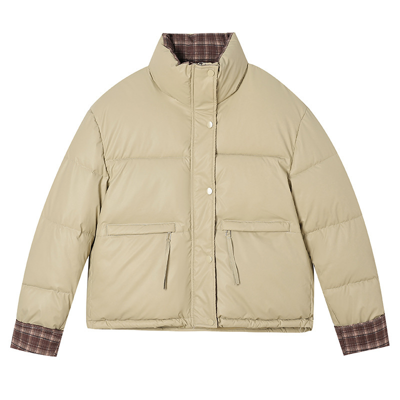 Invierno 2025 nuevo cuello de cuadrillas de color contraste de moda de algodón caliente corto de algodón de mujer gruesa chaqueta pequeña image 5