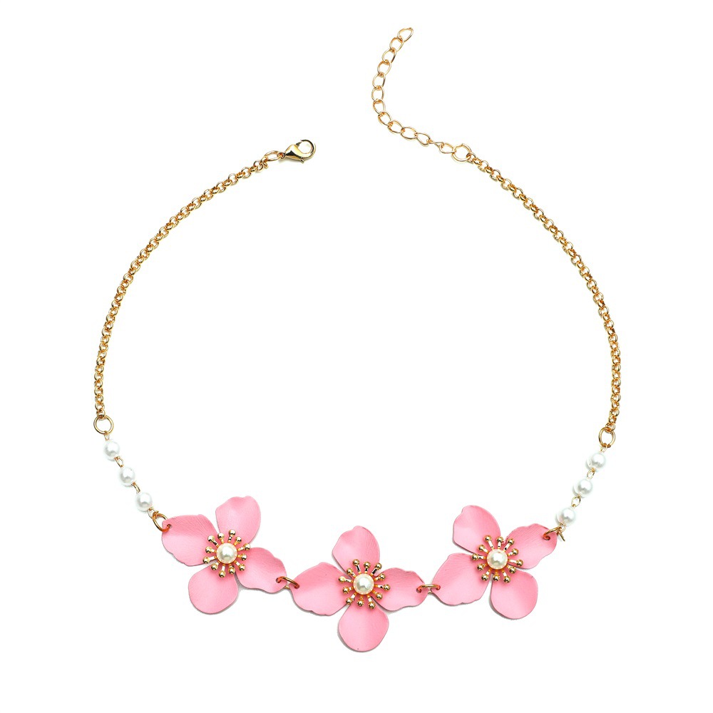 Einfache Rosa Perle Blumenlegierung Halskette Großhandel display picture 6