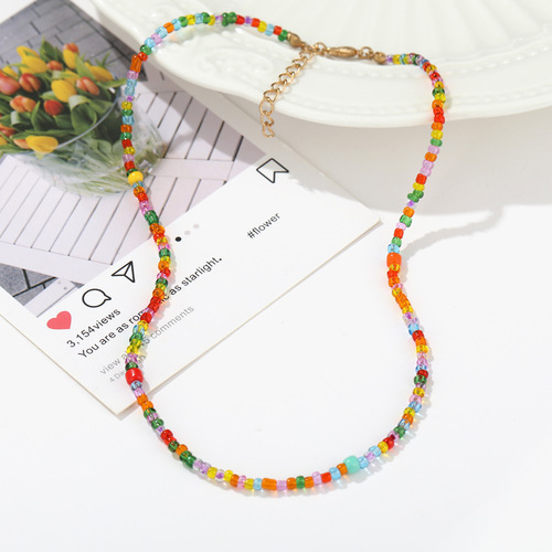 New European and American trendy choke-style fashion bohemian short necklaces—handmade beaded colorful rice-bead necklaces