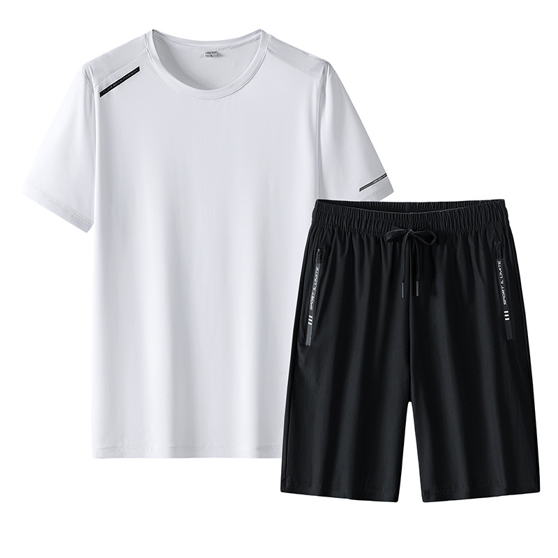 Traje de seda de hielo de deportes de secado rápido para hombres, pantalones cortos de secado rápido de verano para hombres, ropa deportiva de manga corta, pantalones de cinco puntos al por mayor