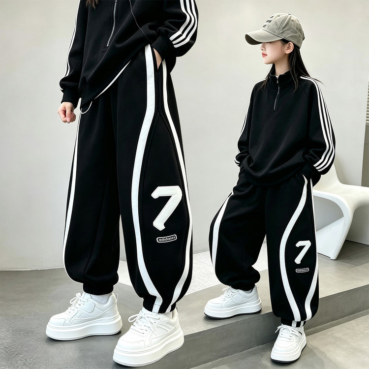 Autumn trendy pants for girls, gray sweatpants, stylish striped casual jogger pants for girls and students, versatile for outerwear