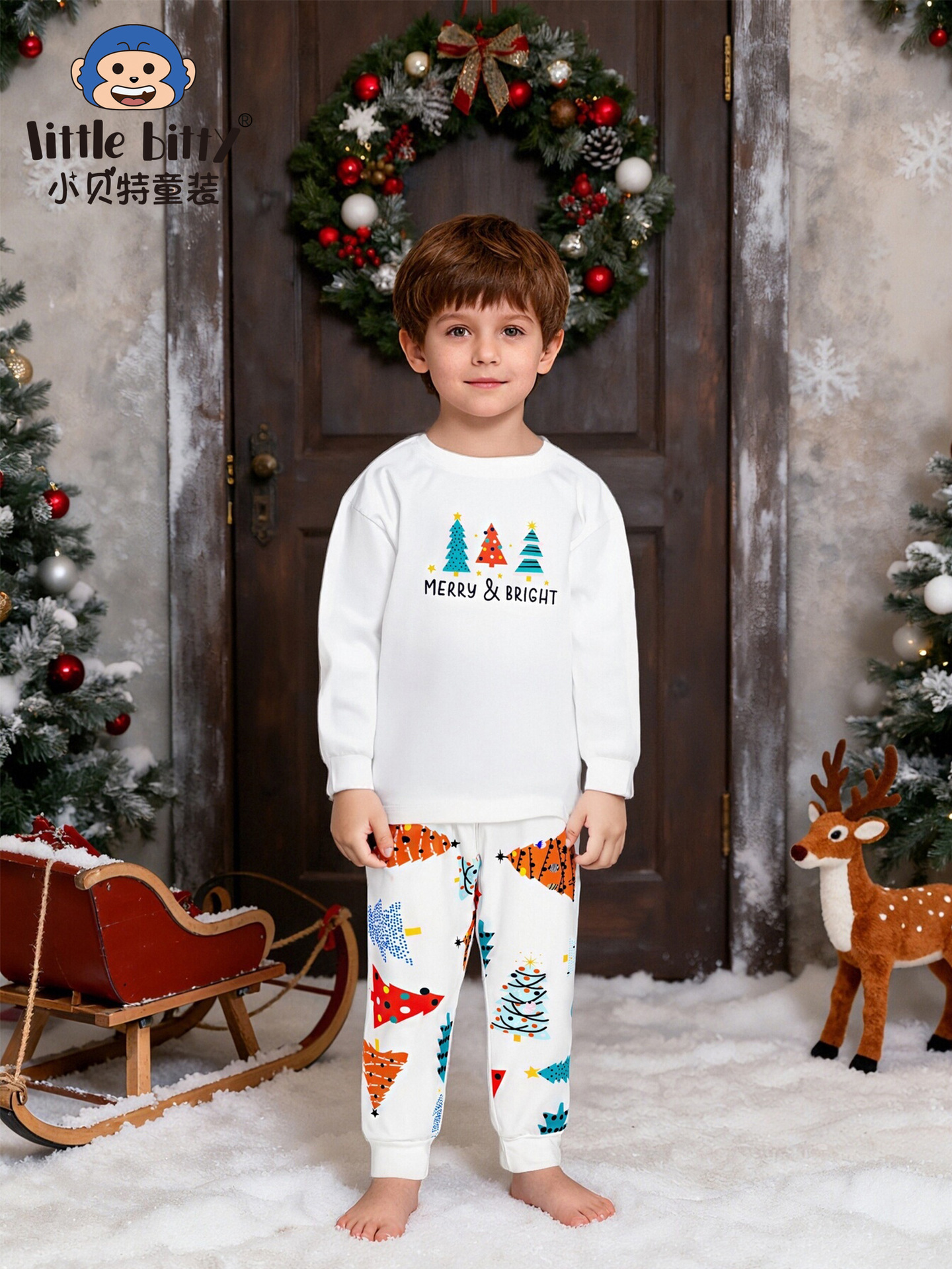 Cross-Border 25 Autumn and Winter Children's Clothing Christmas Long-Sleeved Pants Suit Cartoon Christmas Print Home Clothes Two-Piece Pajamas