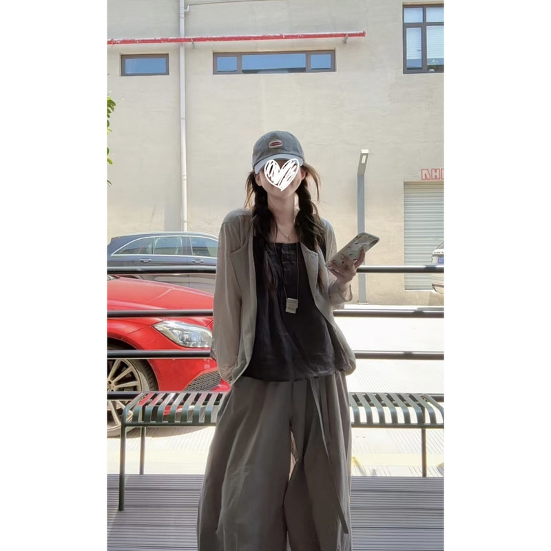 韩系穿搭一整套开衫+减龄背心吊带+高腰阔腿休闲裤   其他|undefined
