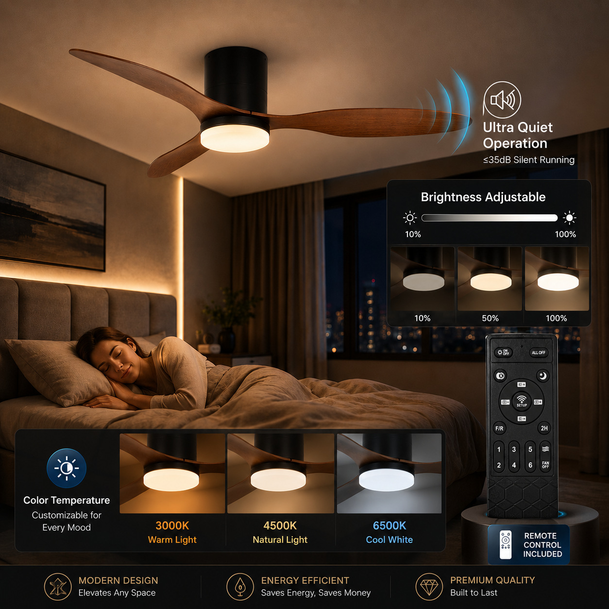 Lámpara Ventilador de Techo Inverter de Plástico ABS Silencioso con Control Remoto para Sala de Estar y Dormitorio