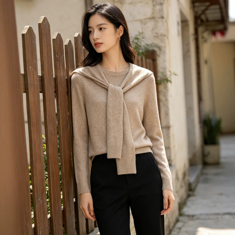 Simple and elegant design, faux two-piece shawl knit sweater for women, relaxed fit, decorative long-sleeve top, custom wholesale Simple and elegant design, faux two-piece shawl knit sweater for women, relaxed fit, decorative long-sleeve top, custom wholesale