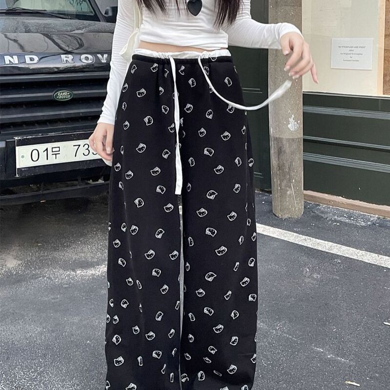 Gray Kitty Cat Print Splicing Casual Pants for Women Autum 2024 Loose Straight Draped Sports Wide Leg Pants