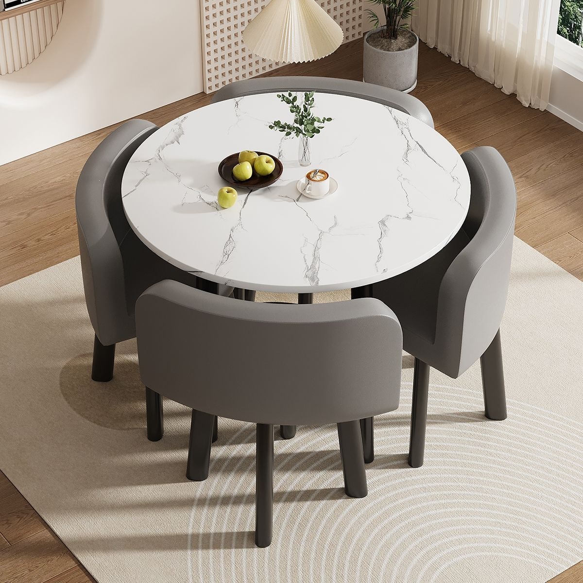 80CM white pattern round table + 4 dark gray leather chairs