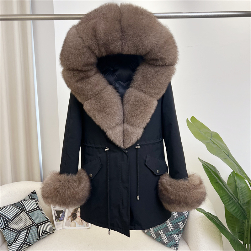 Cross-Border 2025 New Autumn and Winter Warm Women's Fur Coat, Mid-Length Detachable Fox Fur Collar Parka for Women