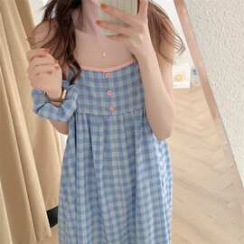 韩系蓝白格吊带睡裙女夏宽松减龄中长款无袖可外穿格子居家连衣裙